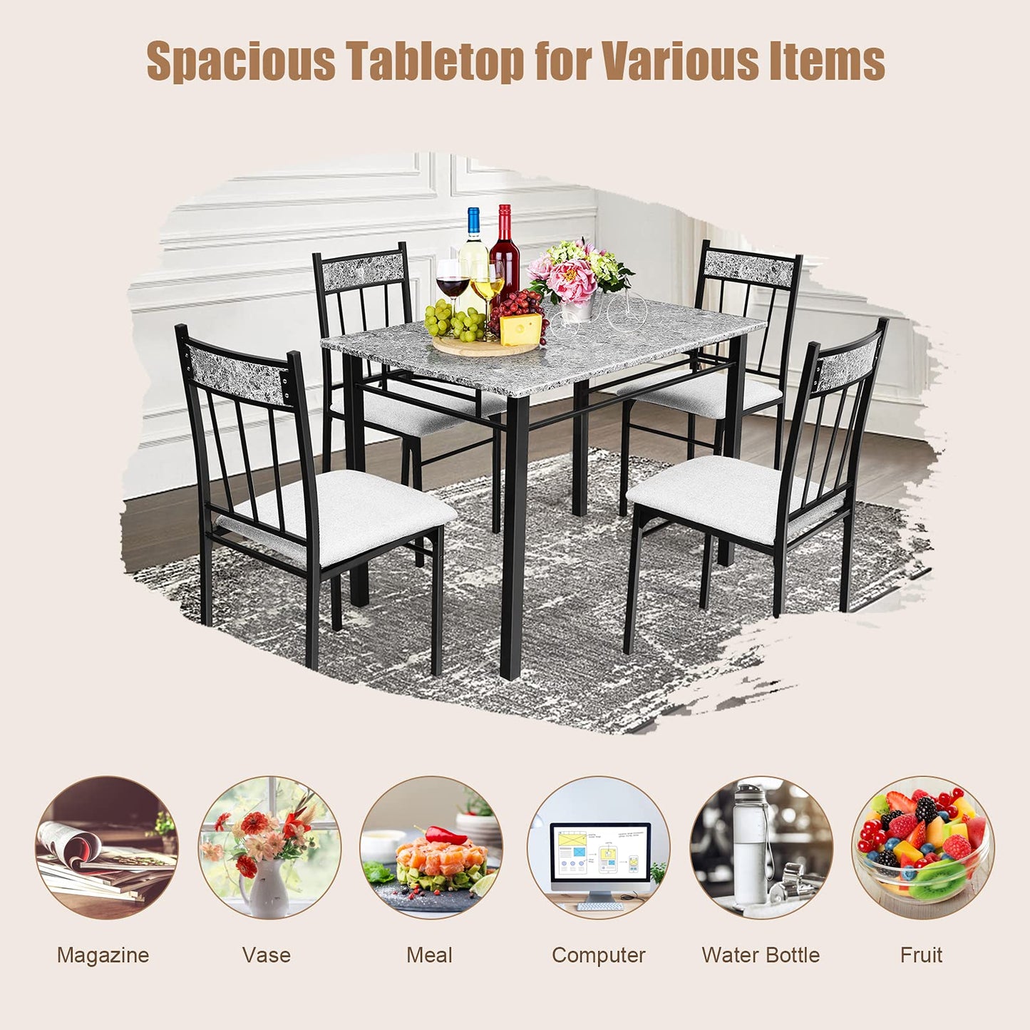5 Piece Modern Kitchen Dining Set with Sponge Cushion and Metal Structure