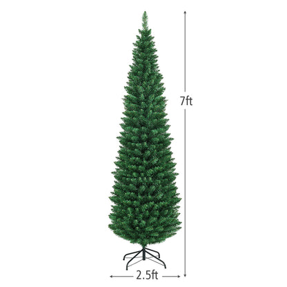 7FT Pencil Christmas Tree Slim Skinny Hinged Pine Tree with PVC Material