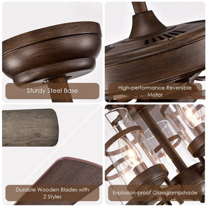 50-Inch Ceiling Fan Light, Classic Ceiling Fan Lamp with 5 Explosion-Proof Glass Lampshades