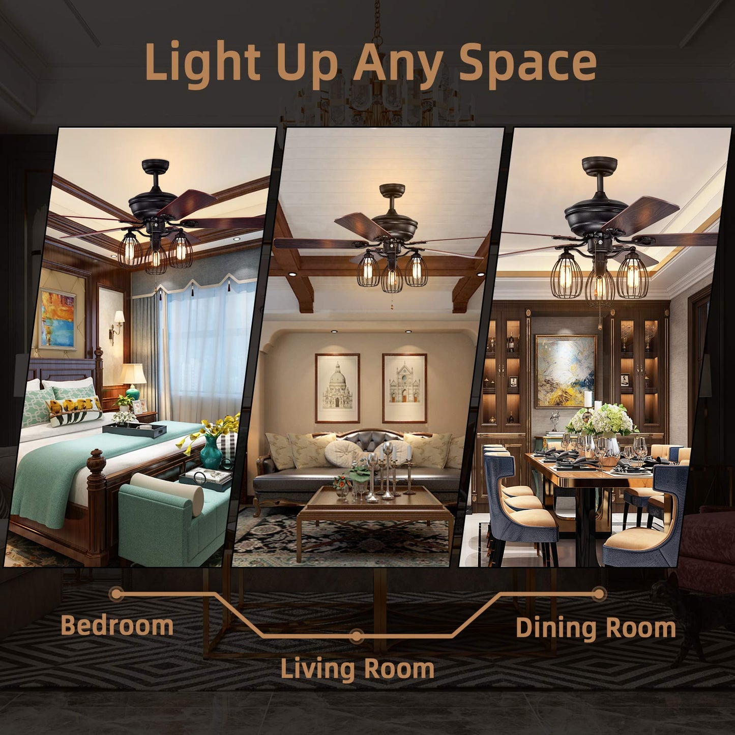 52-Inch Ceiling Fan with Lights, Industrial Ceiling Fan w/ 5 Iron Blades & 3 Cage Lights