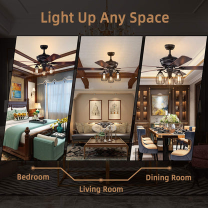 52-Inch Ceiling Fan with Lights, Industrial Ceiling Fan w/ 5 Iron Blades & 3 Cage Lights