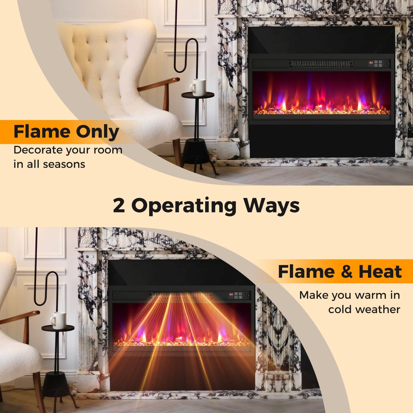 26 Inch Recessed Fireplace Heater, Electric Fireplace Insert w/Multi-Color Flame & Crystal Ember Bed