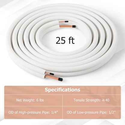 25 Ft. Mini Split Line Set | 1/4” & 1/2” O.D. Copper Pipes Tubing with 3-Layer Insulation