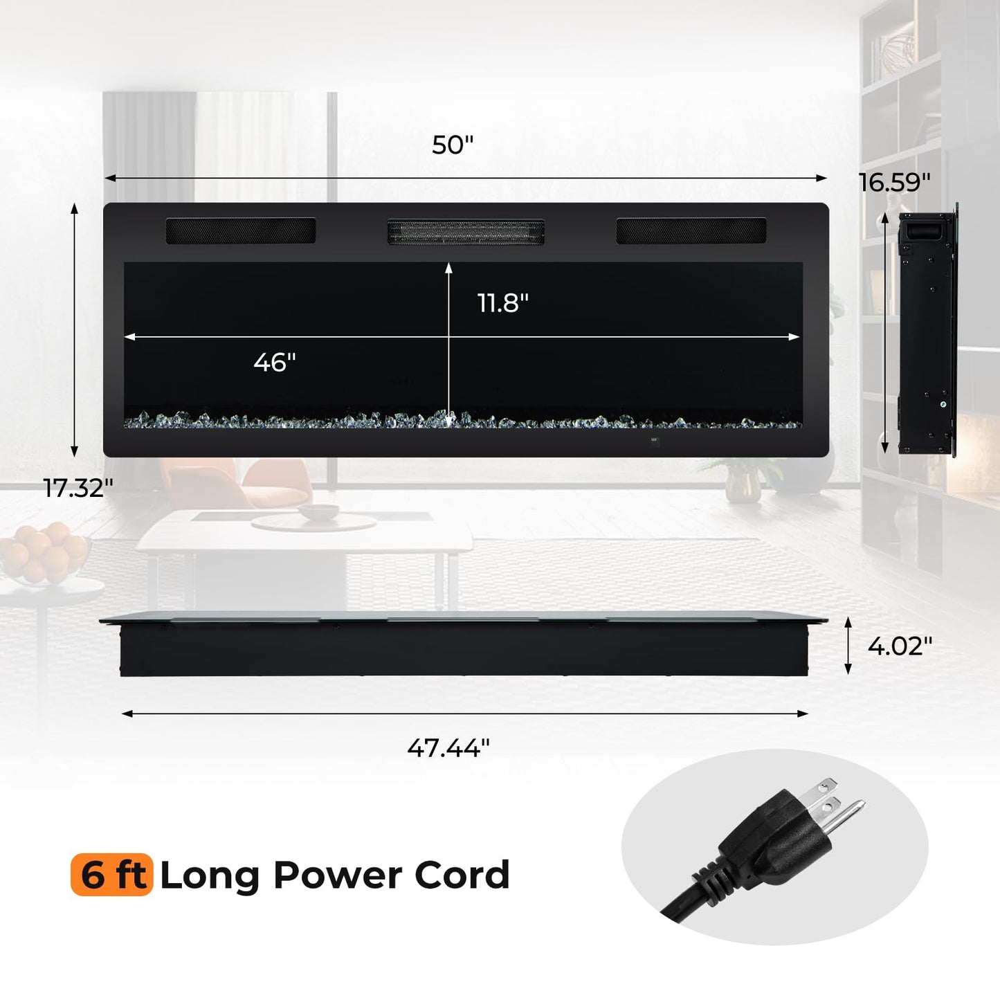 50 Inch Electric Fireplace Recessed and Wall Mounted, 750W/1500W Electric Fireplace Heater with Remote