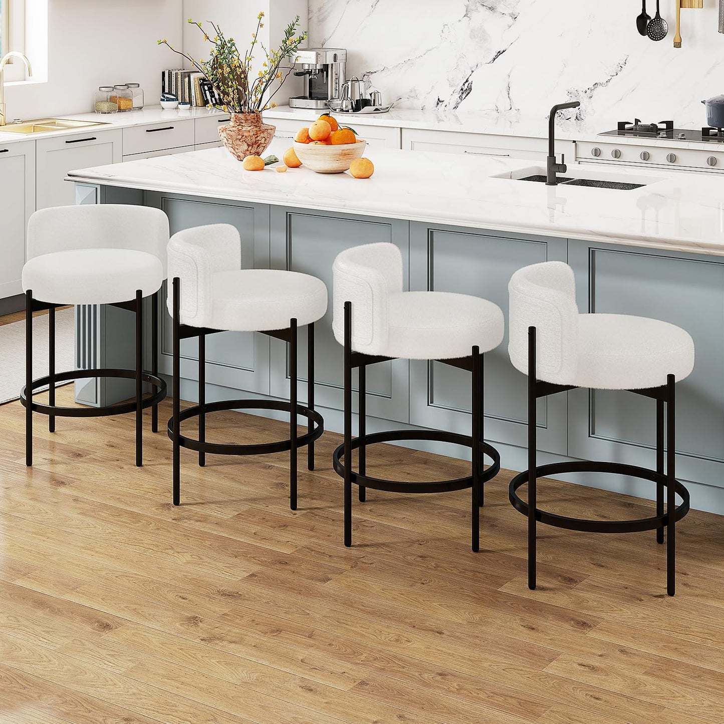 24.5 Inch Boucle Modern Barstools w/Curved Backrest for Dining Room