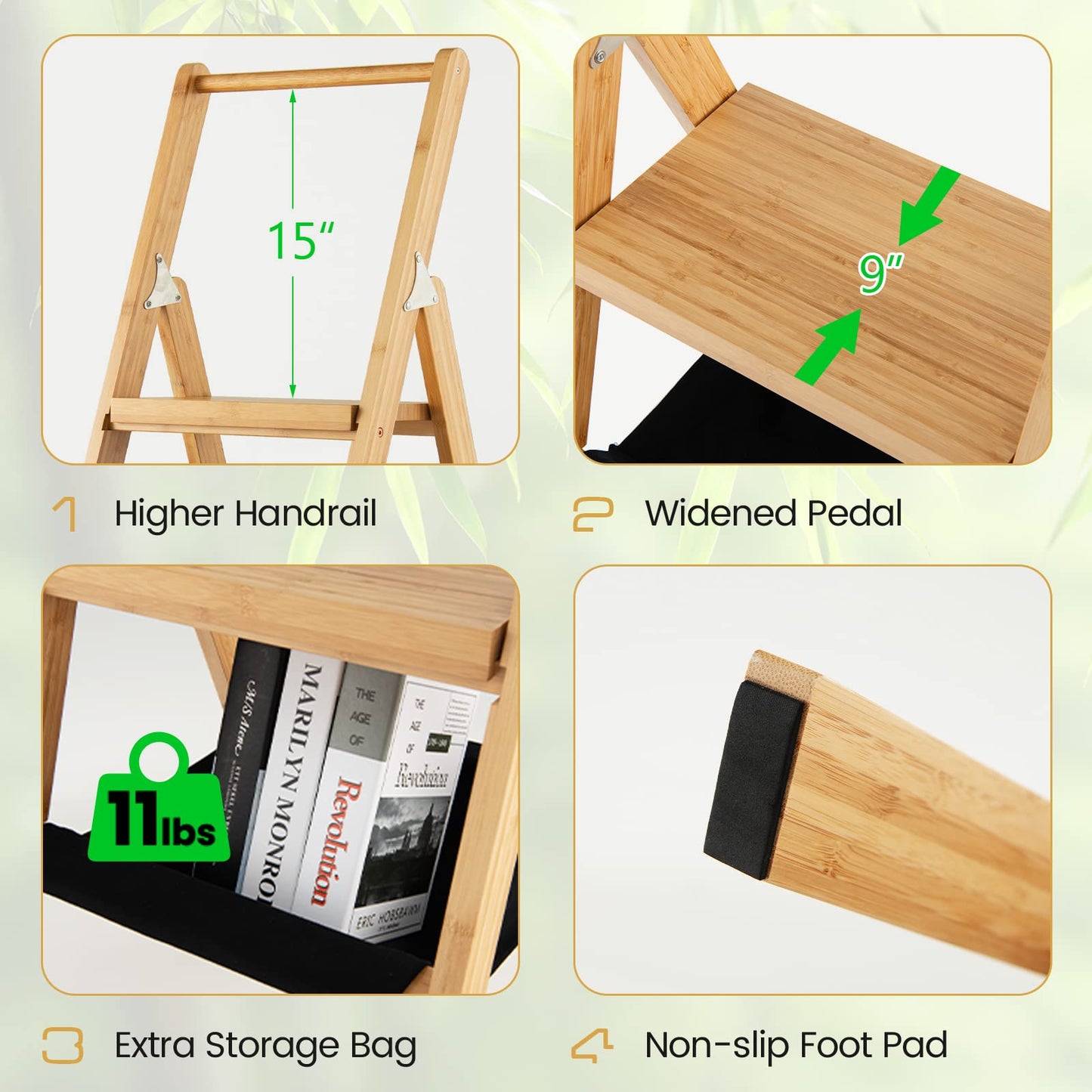 ARLIME 3 Step Bamboo Ladder Folding Step Stool with Storage Bag