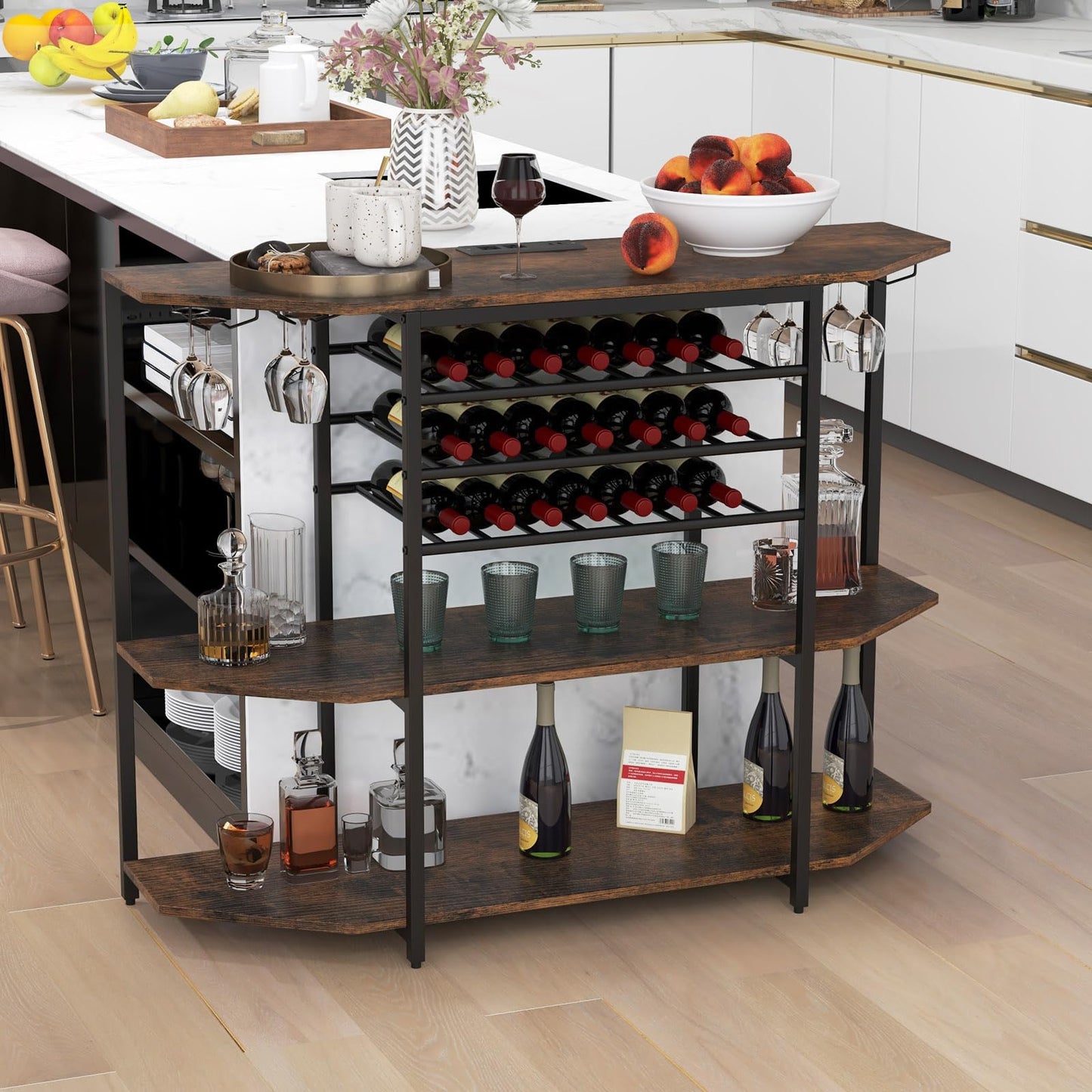 Wine Bar Cabinet 3-Tier Liquor Cabinet with Power Outlets