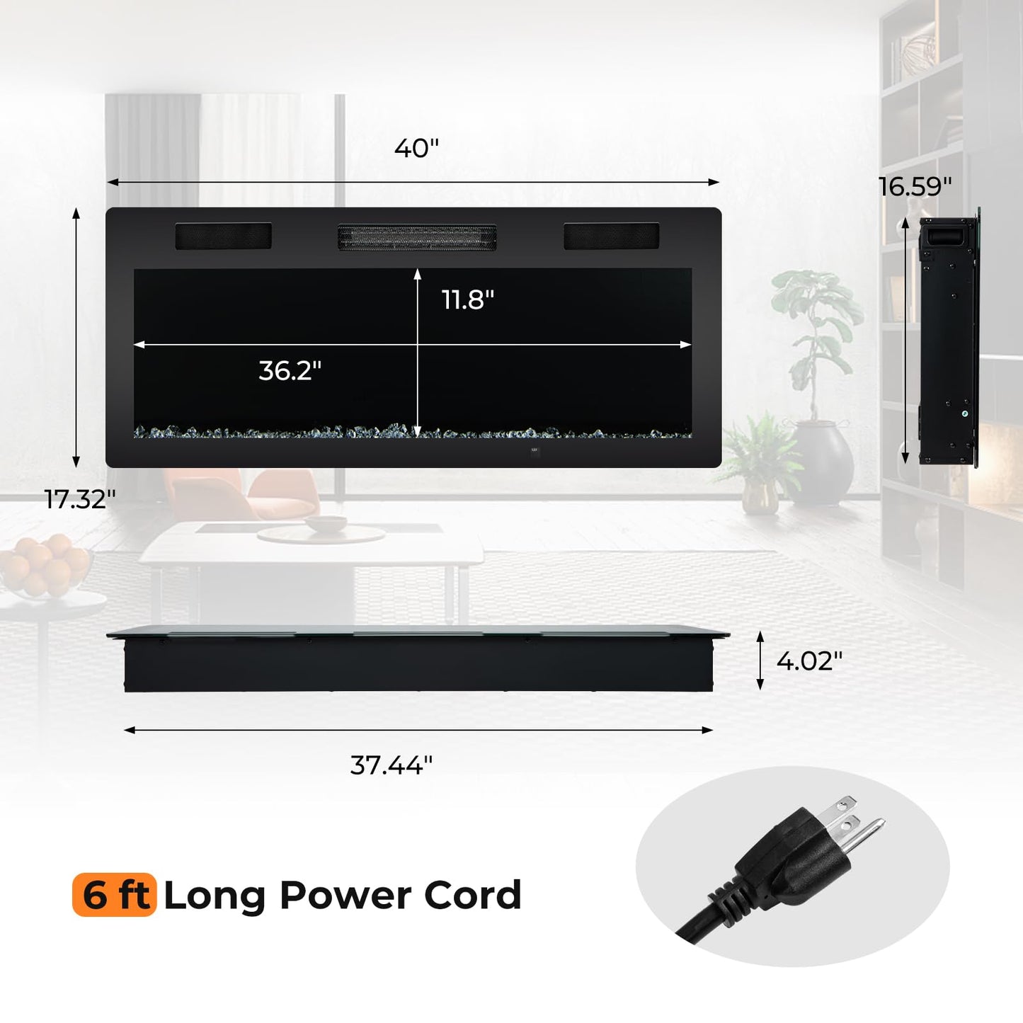 40 Inch Electric Fireplace Recessed and Wall Mounted, 750W/1500W Electric Fireplace Heater with Remote