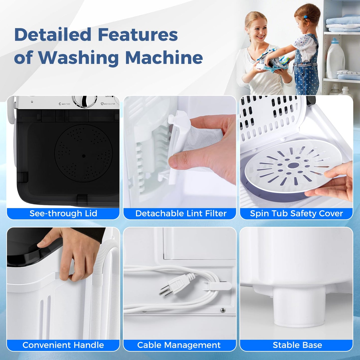 Portable Washing Machine, 17.6lbs Compact Portable Washer Twin Tub Combo with Pump Drain (Black & White)
