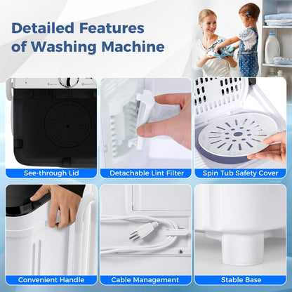 Portable Washing Machine, 17.6lbs Compact Portable Washer Twin Tub Combo with Pump Drain (Black & White)