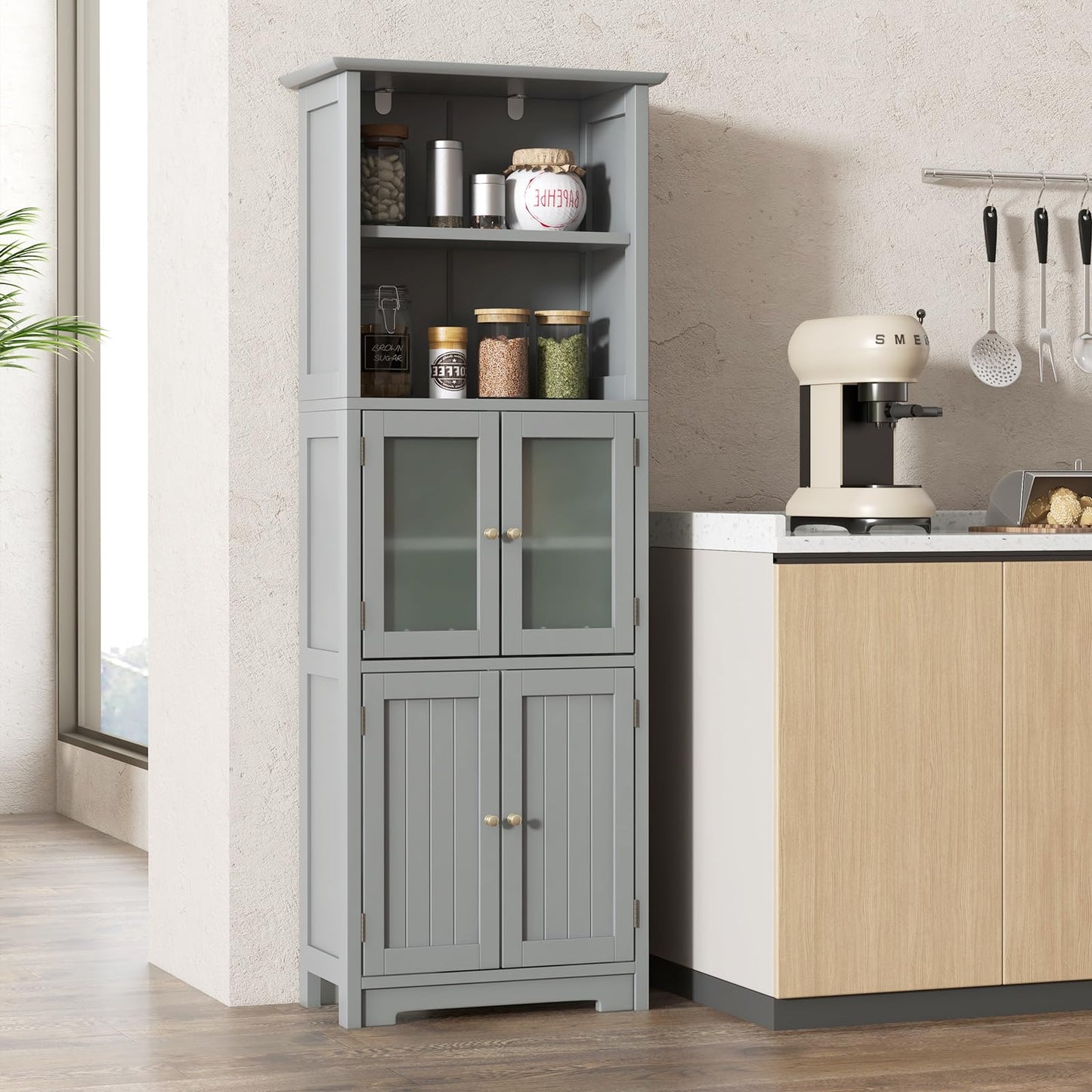Tall Bathroom Storage Cabinet Freestanding Kitchen Pantry Cabinet with Glass Doors and Adjustable Shelf