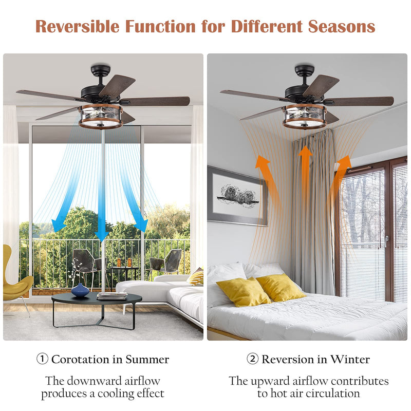 52Inch Ceiling Fan Light with Remote Control, Ceiling Lighting Fan with 5 Blades & Bubble Glass Shade