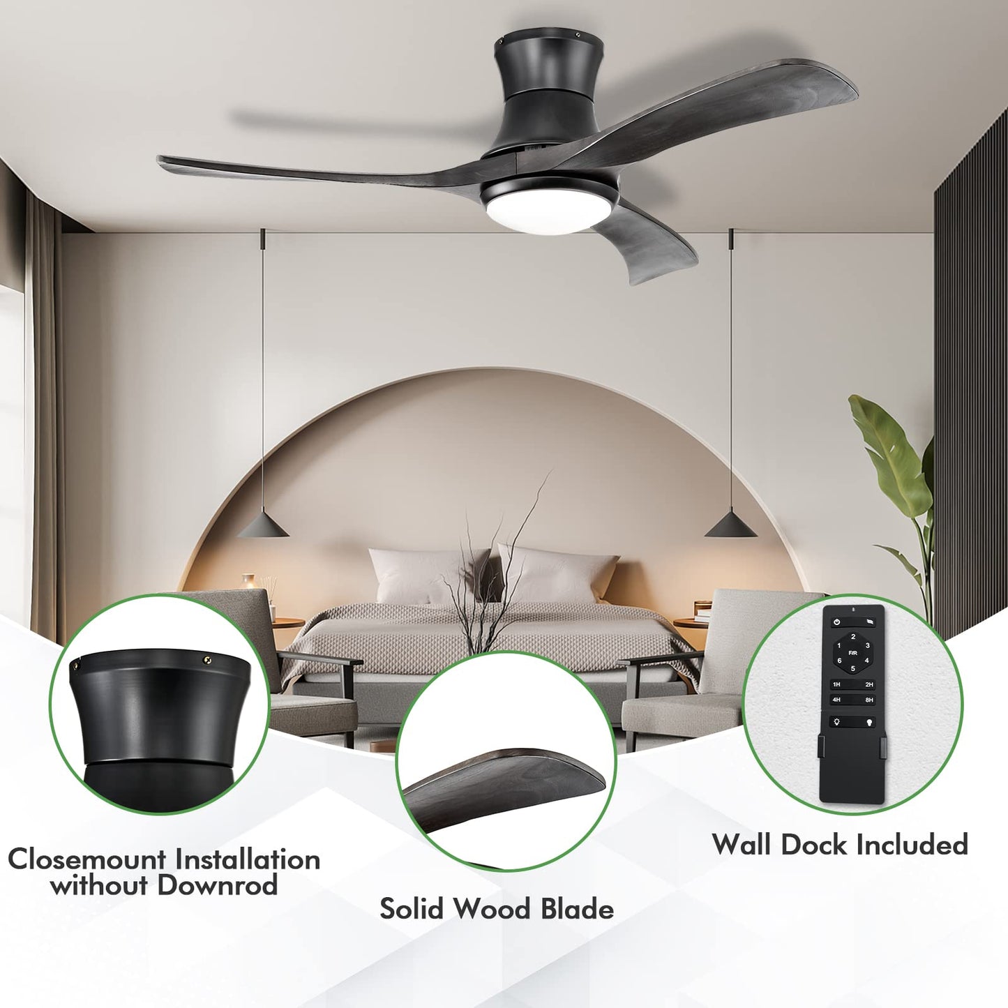 52 Inches Ceiling Fan with LED Light and Remote Control, Flush Mount Ceiling Fan with 6 Wind Speeds (Black)