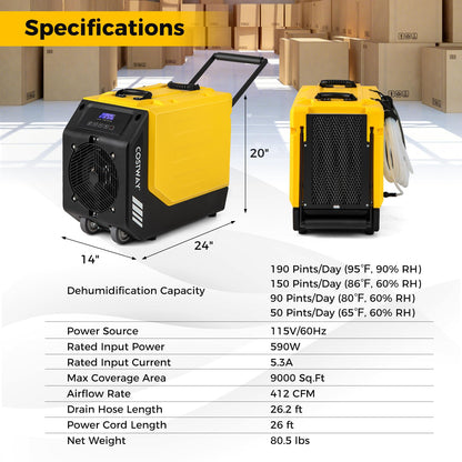 190 PPD Commercial Dehumidifier with Pump Rotational Molded Industrial Dehumidifier with Wheels & Drain Hose