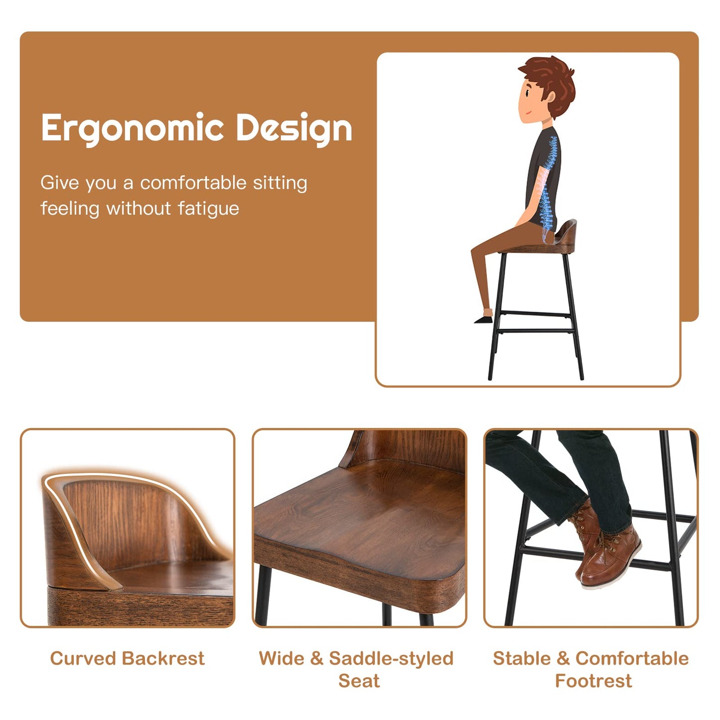 Bar Stool 24.5'' Industrial Pub Stool with Low Backrest and Footrest