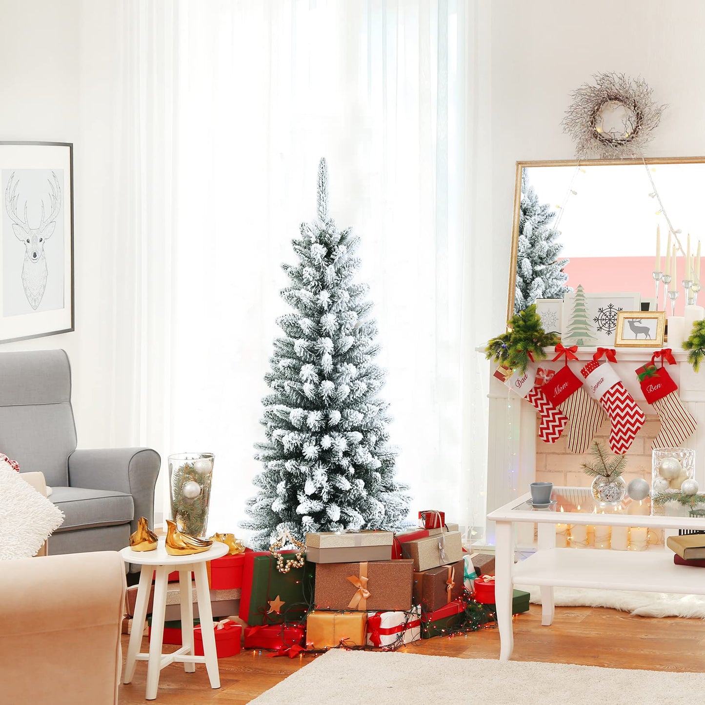 4.5Ft Snow-Flocked Artificial Christmas Tree w/ 373 Branch Tips