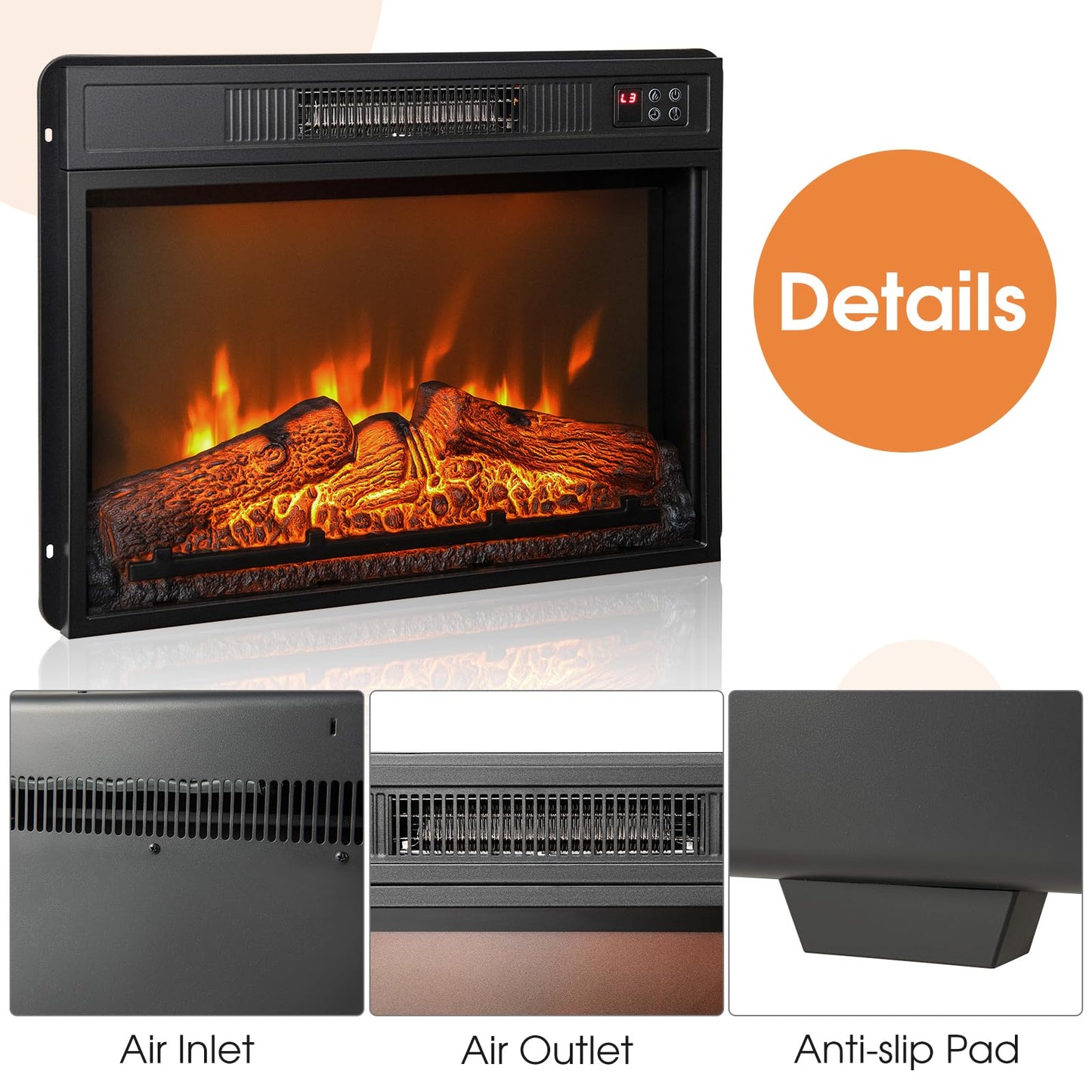 23-Inch Electric Fireplace Insert, 1400W Recessed Fireplace Heater with Remote Control, Thermostat