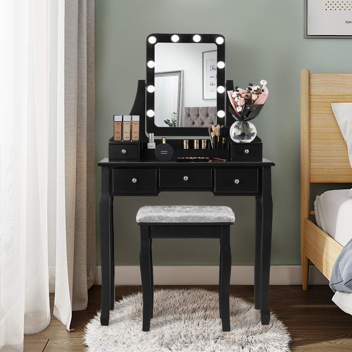 Vanity Table Set with LED Lights 360° Swivel Mirror