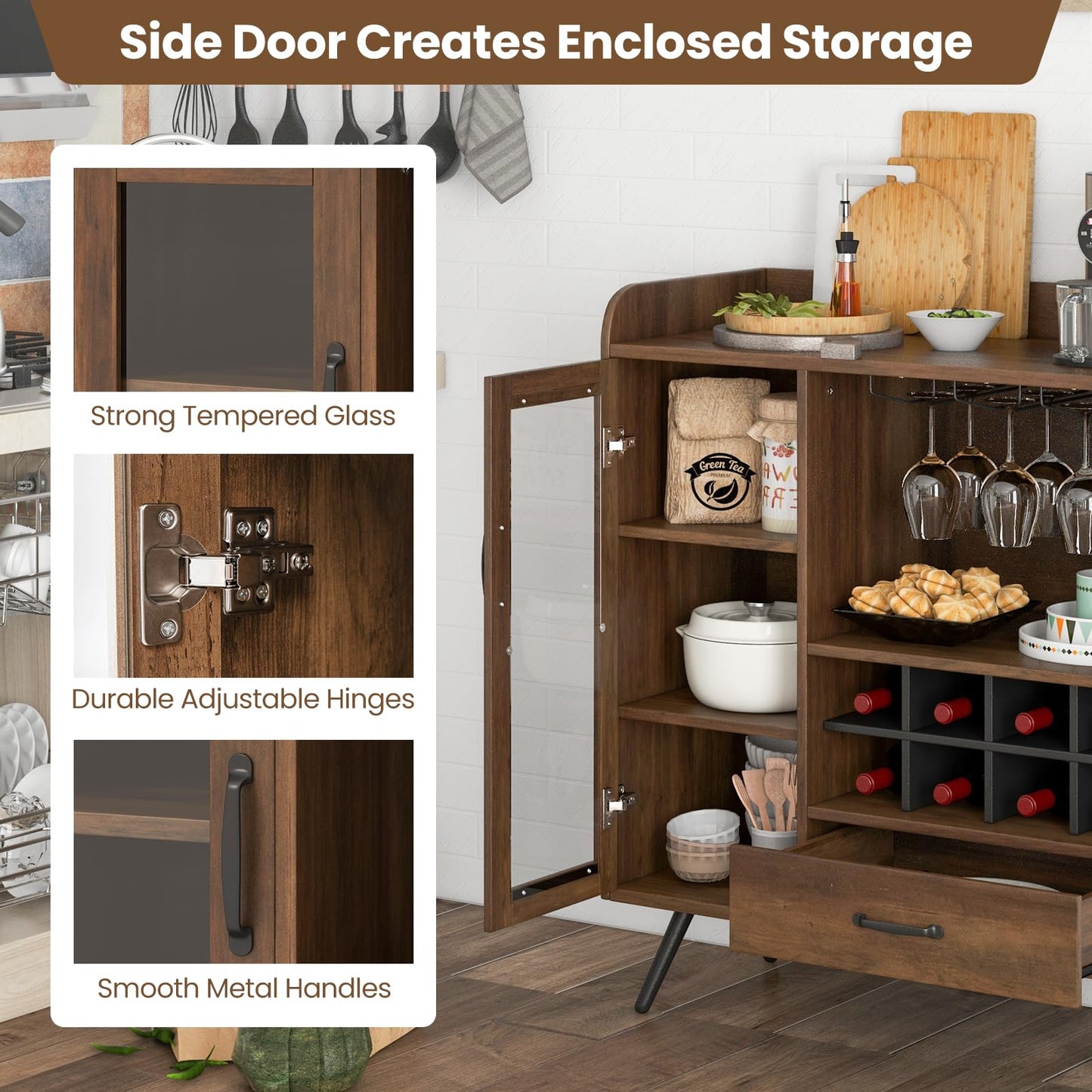 Wine Storage Cabinet with 3 Row Wineglass Holder for Dining Room & Living Room