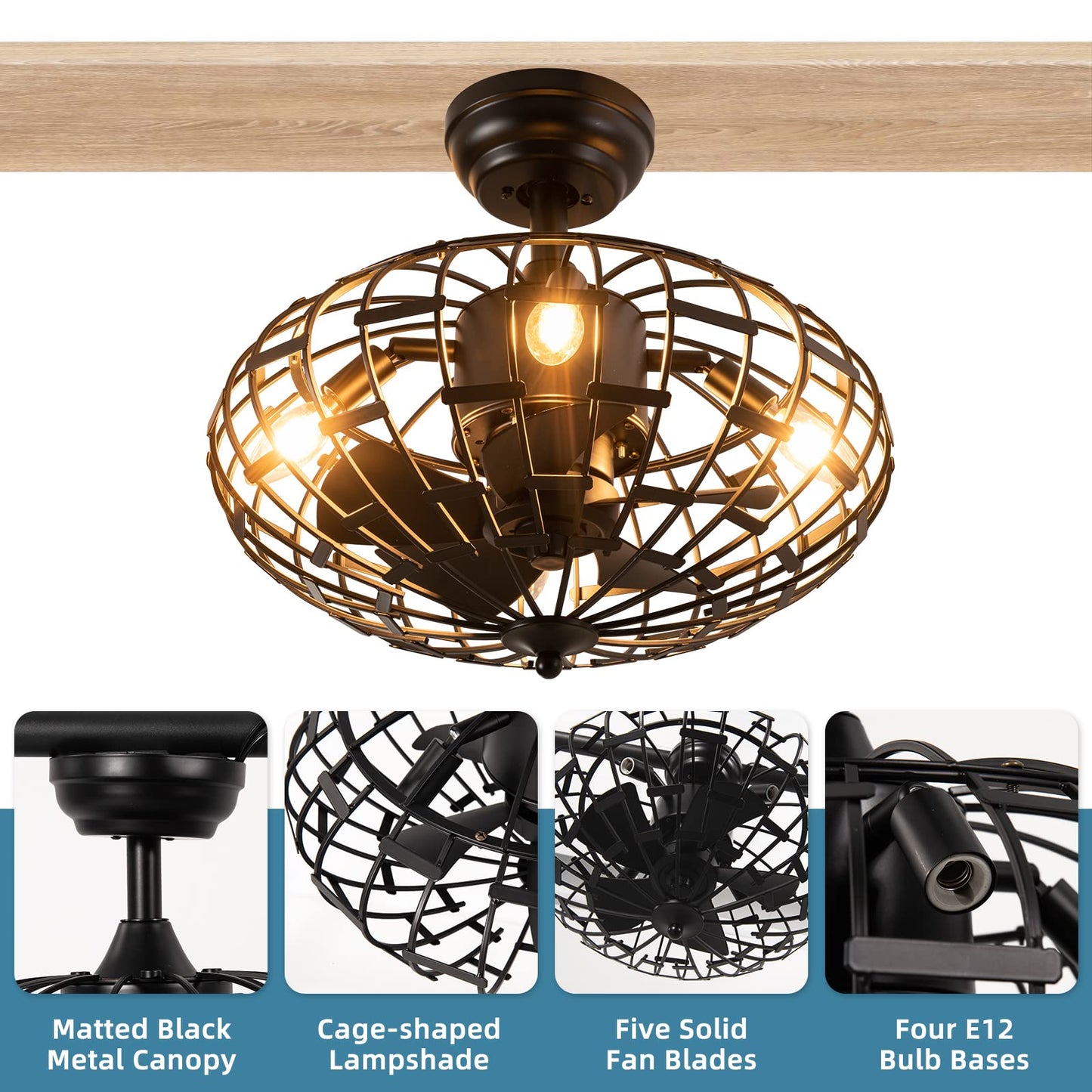 Caged Ceiling Fan with Light, Enclosed Ceiling Fan with 5 Blades, 3 Wind Speed (Black)