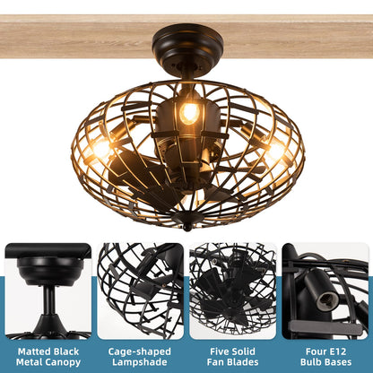 Caged Ceiling Fan with Light, Enclosed Ceiling Fan with 5 Blades, 3 Wind Speed (Black)