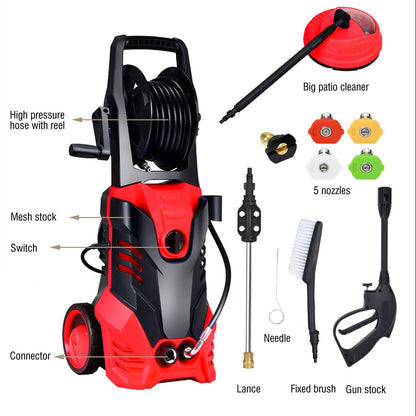 3000PSI Electric Pressure Washer, Portable High Power Washer w/ 5 Nozzles, Hose Reel, Soap Bottle, 2 GPM 2000W (Red)