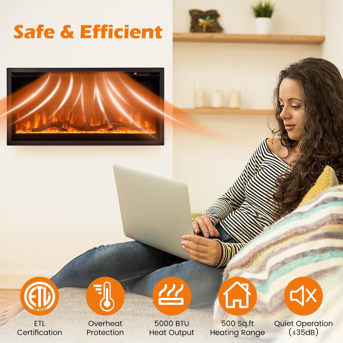 Electric Fireplace 36-Inch Wide, 9 Flame Color, 5-Level Brightness, 8H Timer, Thermostat