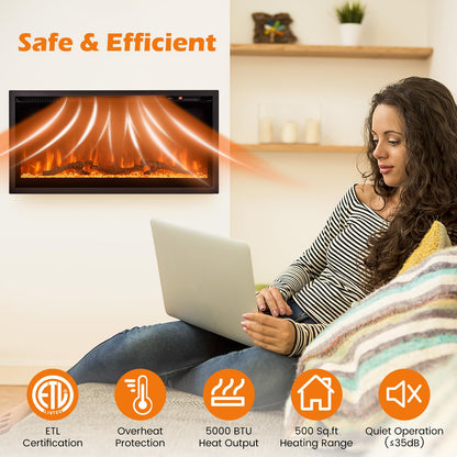 Electric Fireplace 36-Inch Wide, 9 Flame Color, 5-Level Brightness, 8H Timer, Thermostat