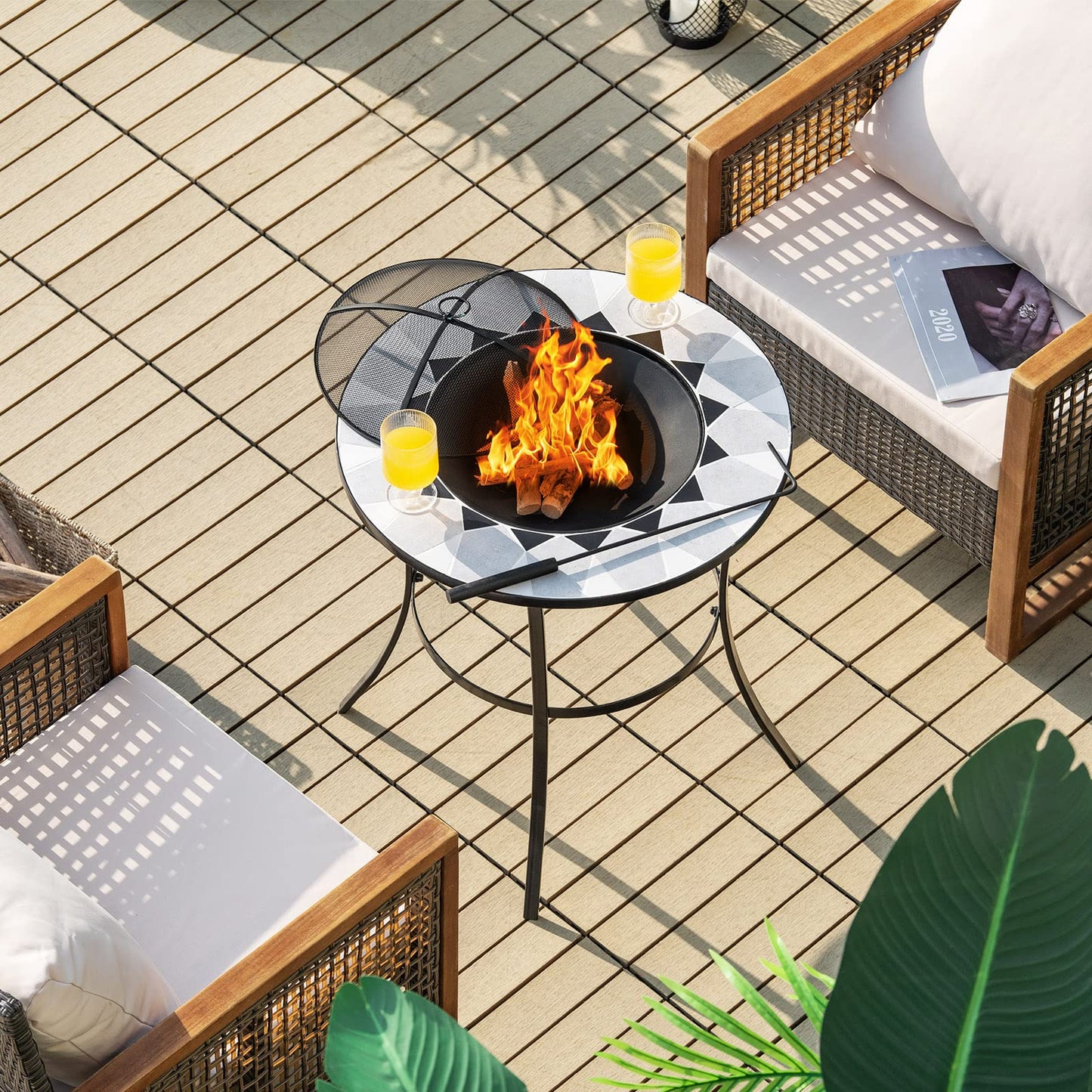 Outdoor Fire Pit with Mesh Cover & Fire Poker