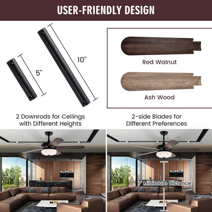 52 Inches Ceiling Fan with Remote Control, Indoor Ceiling Fan with 2 Downrods