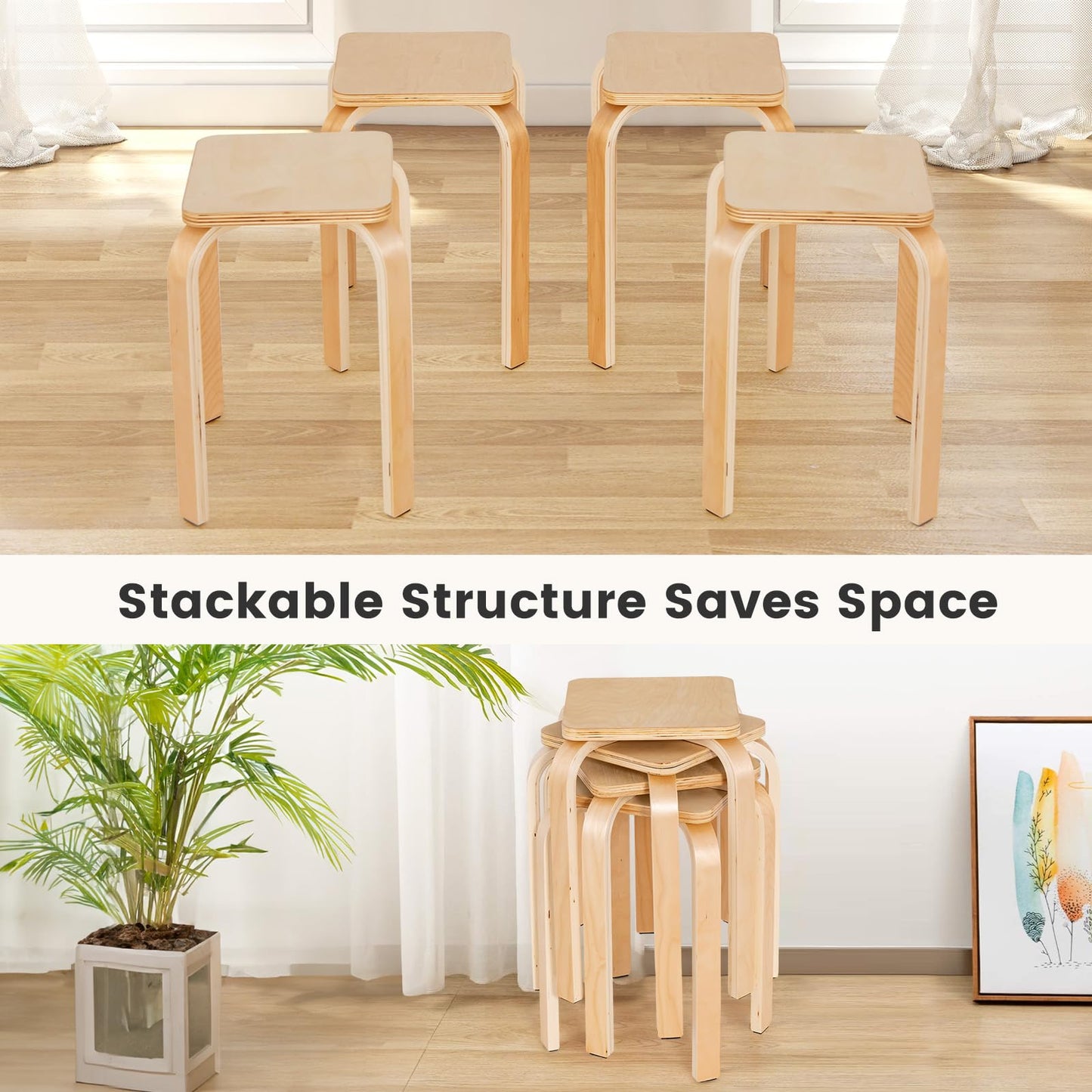 Stackable Wooden Stools Set of 4 Portable 18-Inch Height Backless School Stools with Square Top