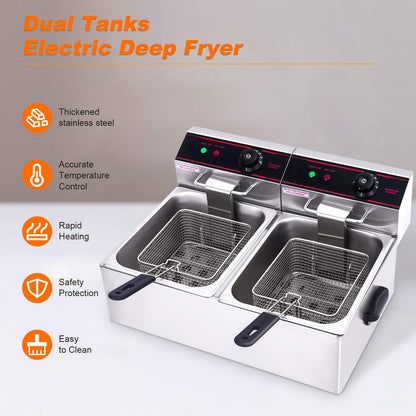 ARLIME Commercial Deep Fryer, 3400W Countertop Electric Fryers w/Basket Large Dual Tank Chicken Chips Fryer 2 x 5.8QT/5.5L