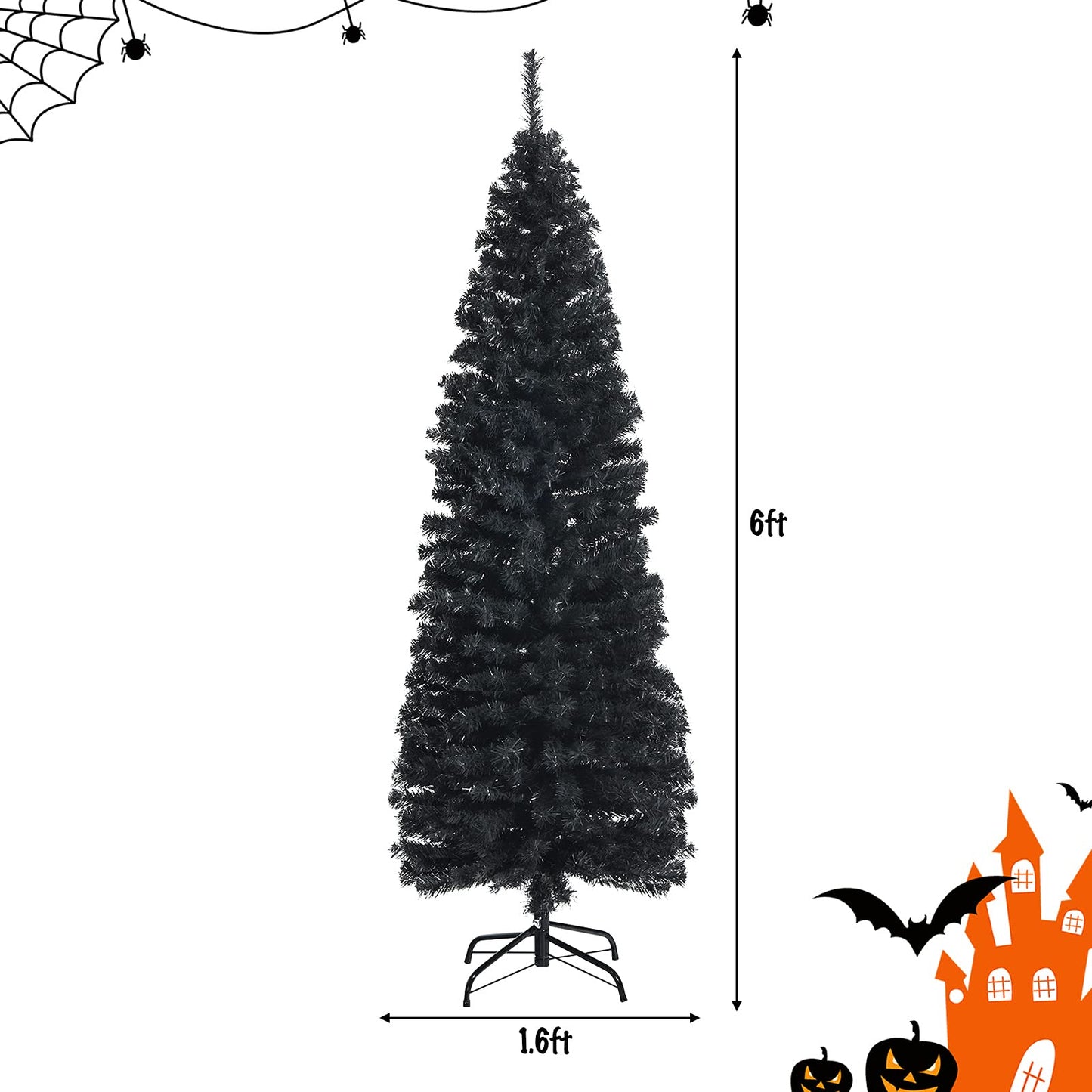 6FT Snow Flocked Pencil Slim Christmas Tree Artificial Hinged Xmas Tree with Metal Stand