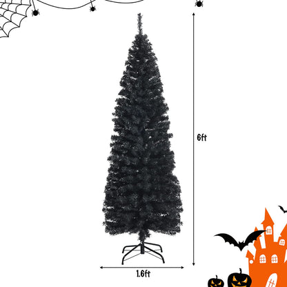 6FT Snow Flocked Pencil Slim Christmas Tree Artificial Hinged Xmas Tree with Metal Stand