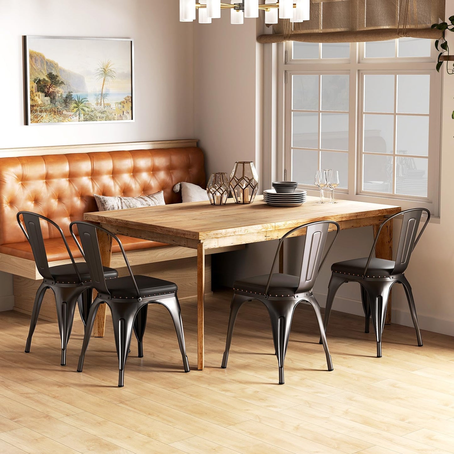 18.5 Inch Stackable Industrial Kitchen Tolix Side Chairs with PU Leather Cushions and Detachable High Back for Dining Room