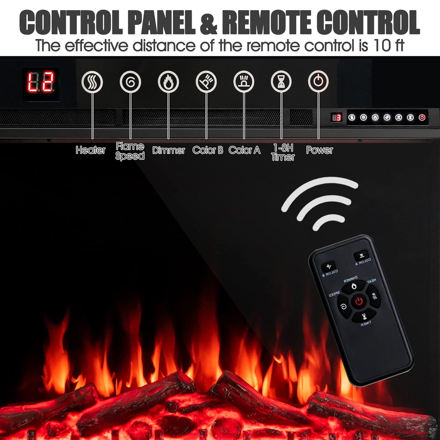 34-Inch Electric Fireplace, Wall-Mounted and Recessed Fireplace Heater with 4 Flame and Log Colors