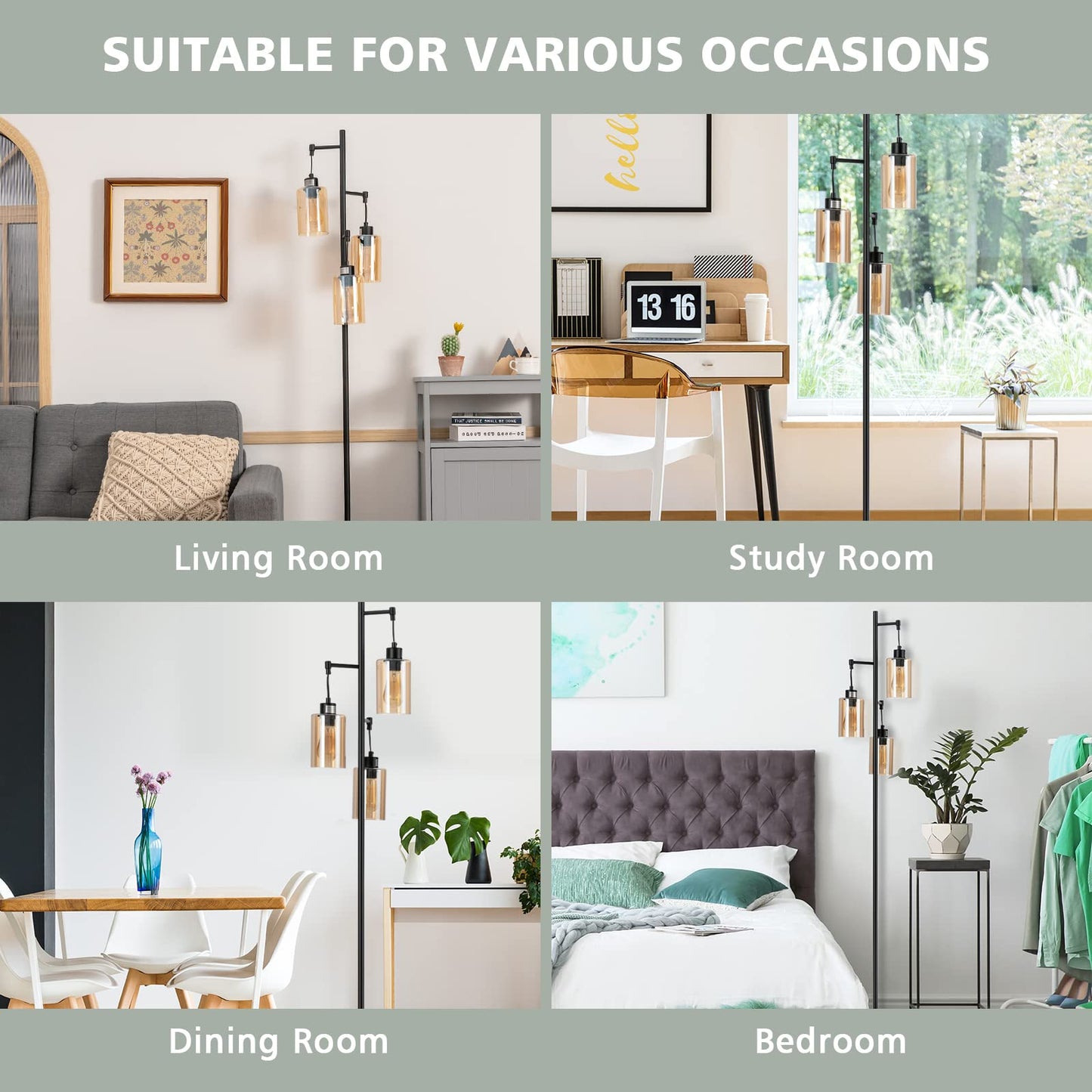 ARLIME 3 Lights Floor Lamp, Retro Floor Lamp with 3-Head Hanging Amber Glass Shade