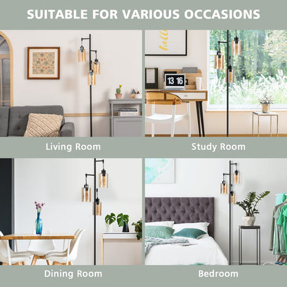 ARLIME 3 Lights Floor Lamp, Retro Floor Lamp with 3-Head Hanging Amber Glass Shade