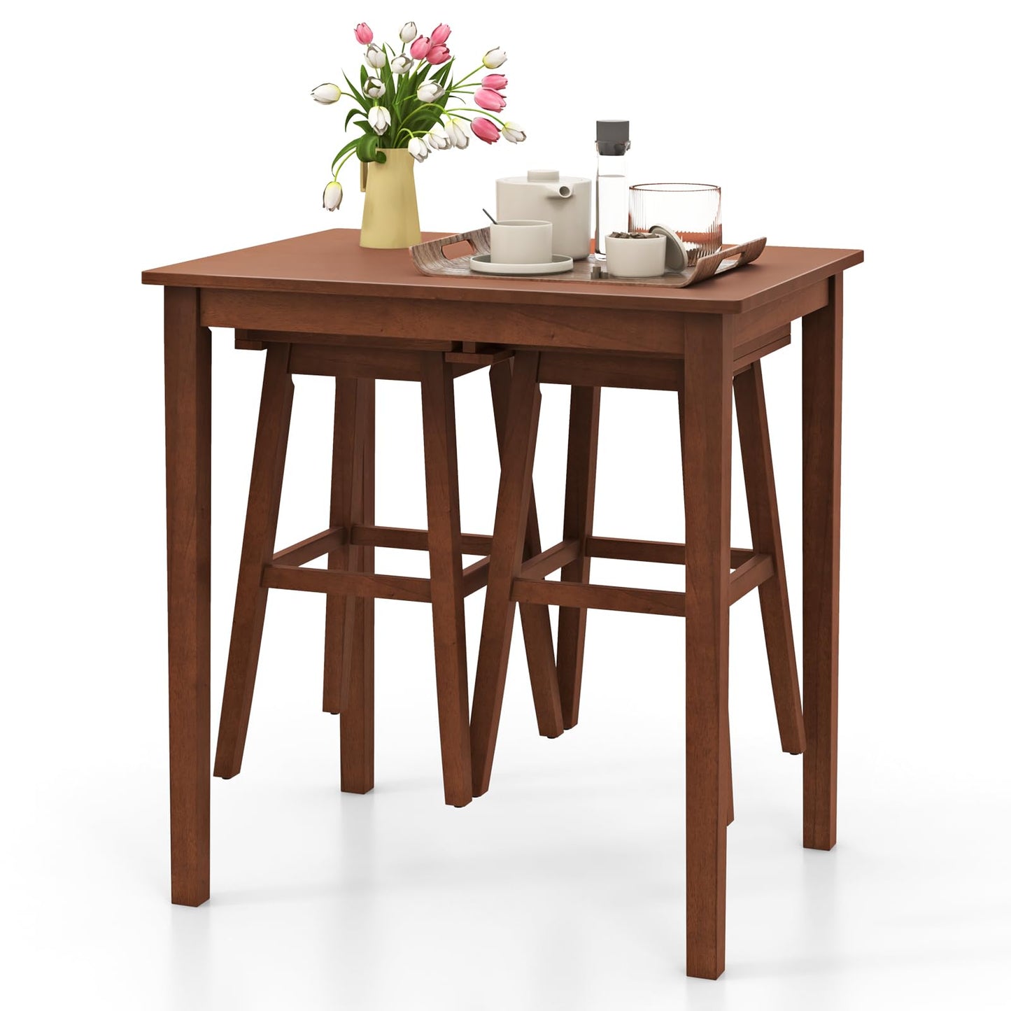 Wooden Bistro Set w/Pub Table and 2 Saddle Stools