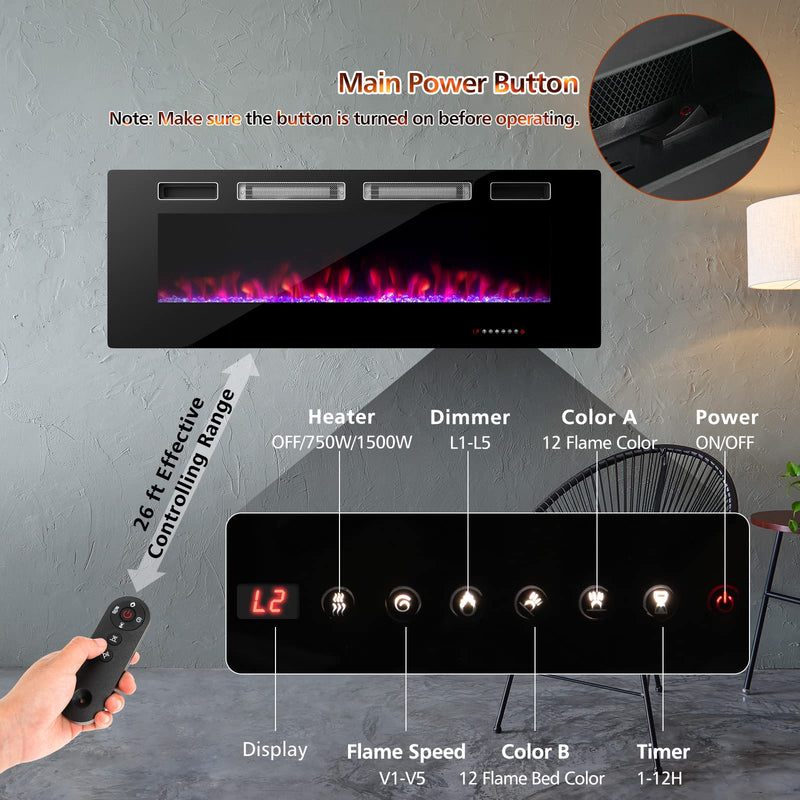 50-Inch Wide Electric Fireplace 3.19-Inch Deep Ultra-Thin Wall-Mounted and Recessed Fireplace Heater