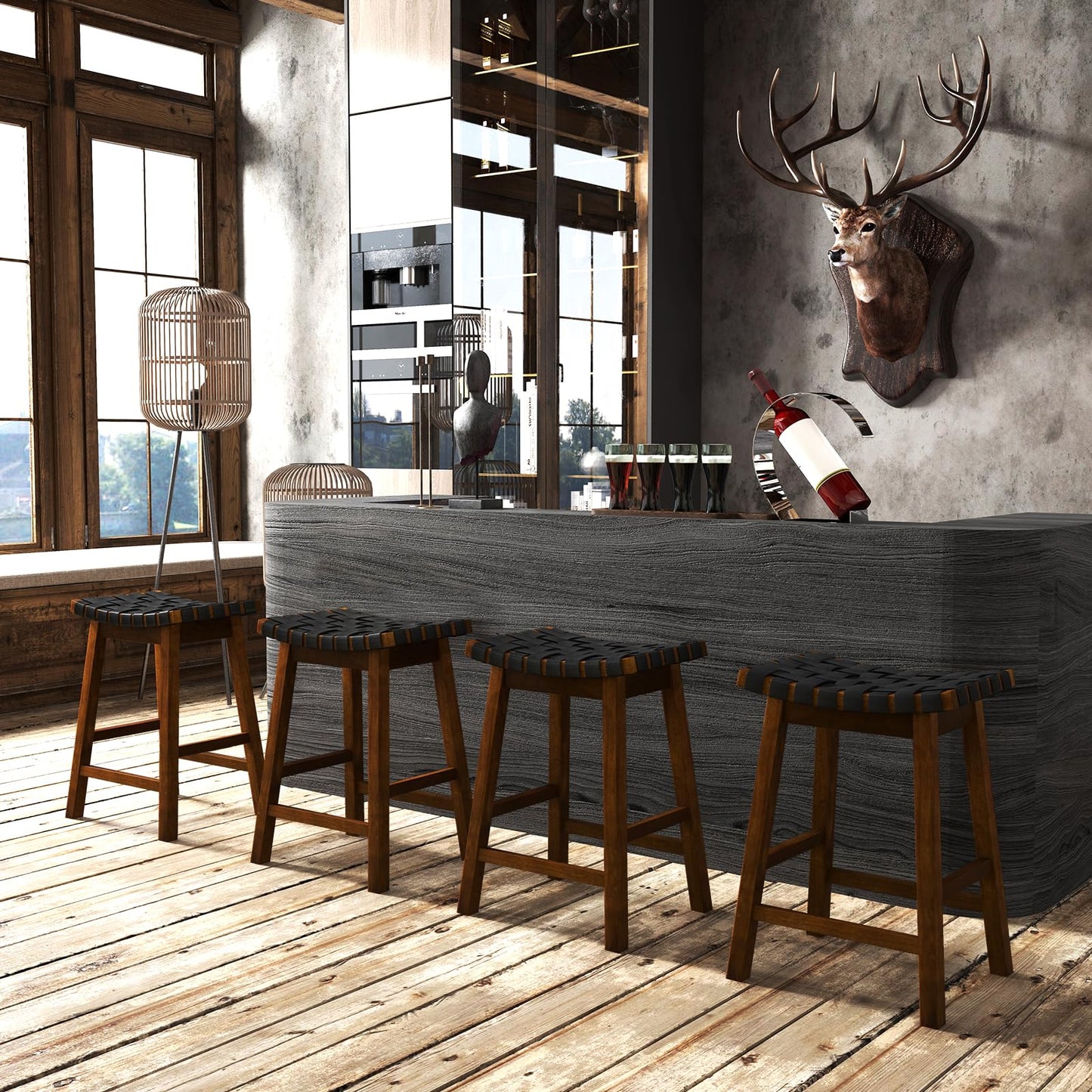 Woven Saddle Stools Set of 2/4 25.5-inch Vintage Counter Height Chairs