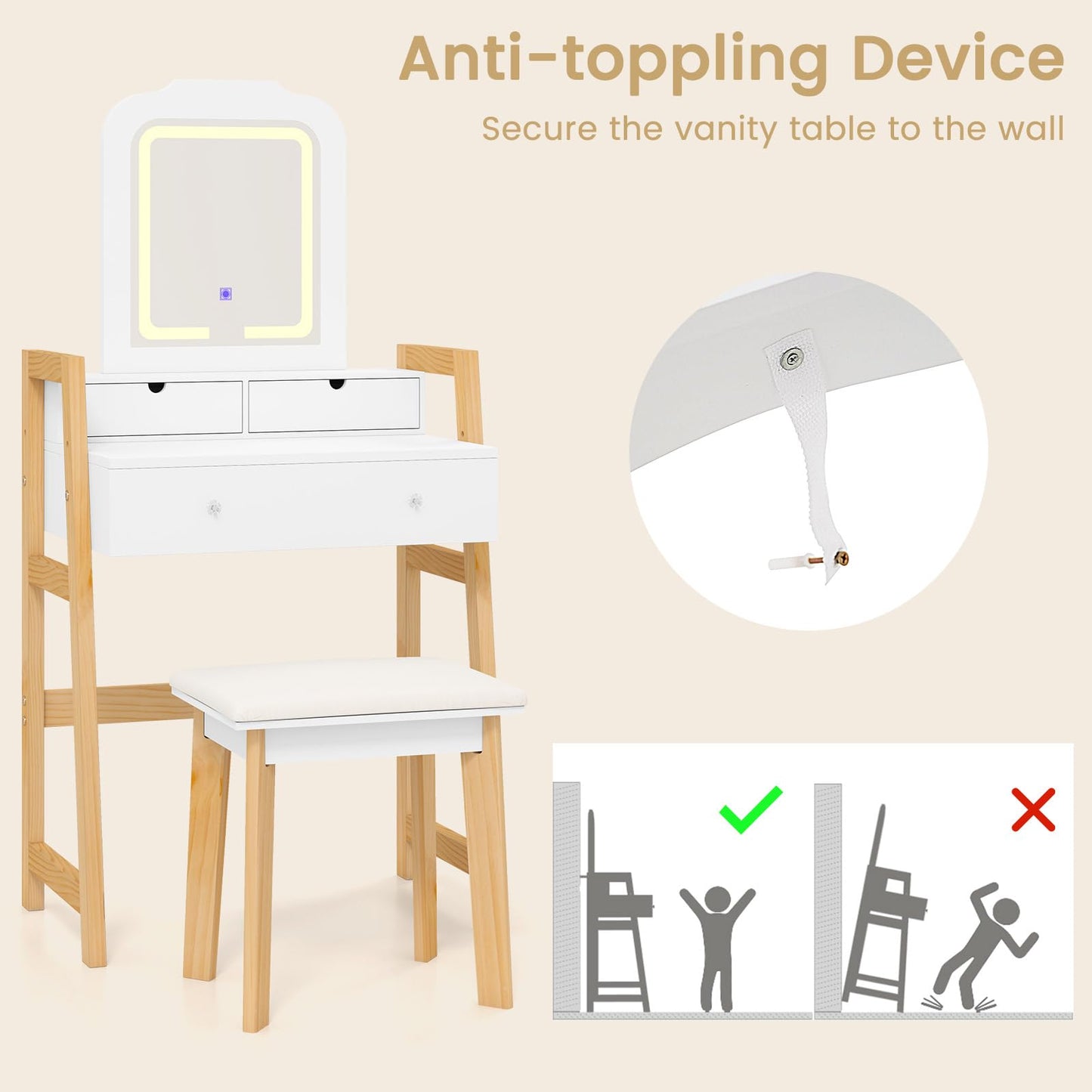 Vanity Desk with Mirror and Lights for Teens