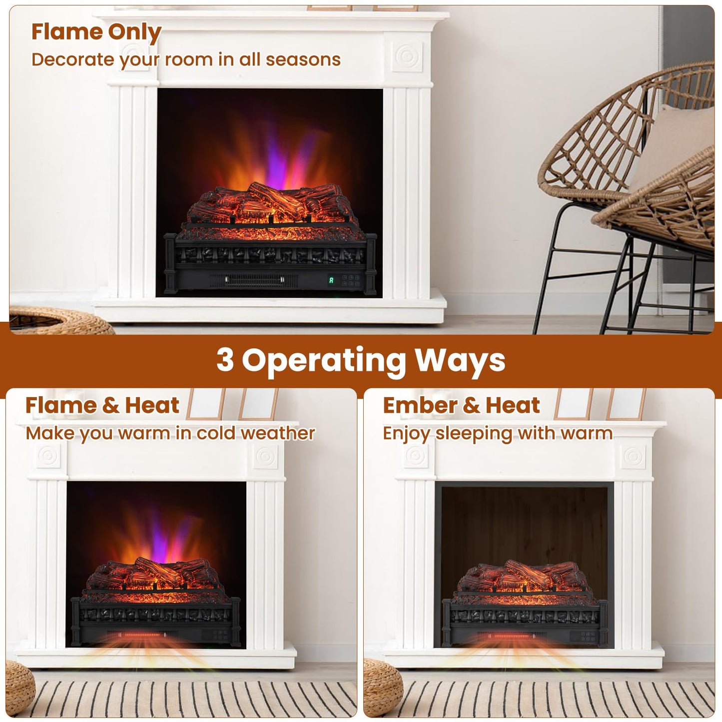 26 Inch Electric Fireplace Log Set Heater, Fireplace Insert Log Heater with Remote Control