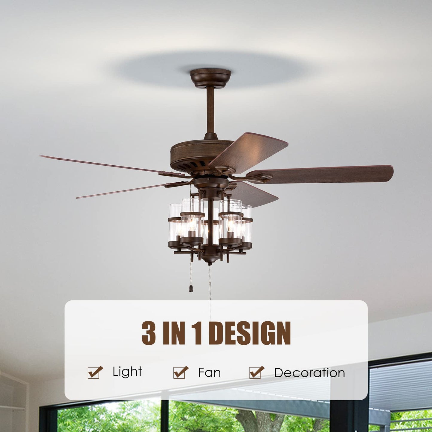 50-Inch Ceiling Fan Light, Classic Ceiling Fan Lamp with 5 Explosion-Proof Glass Lampshades