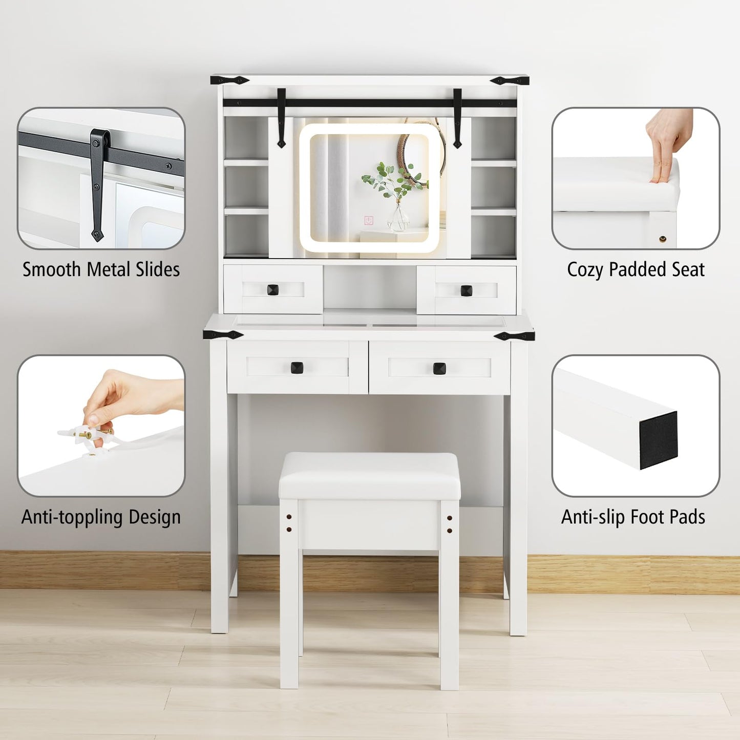 31'' Farmhouse Makeup Table with Sliding Mirror