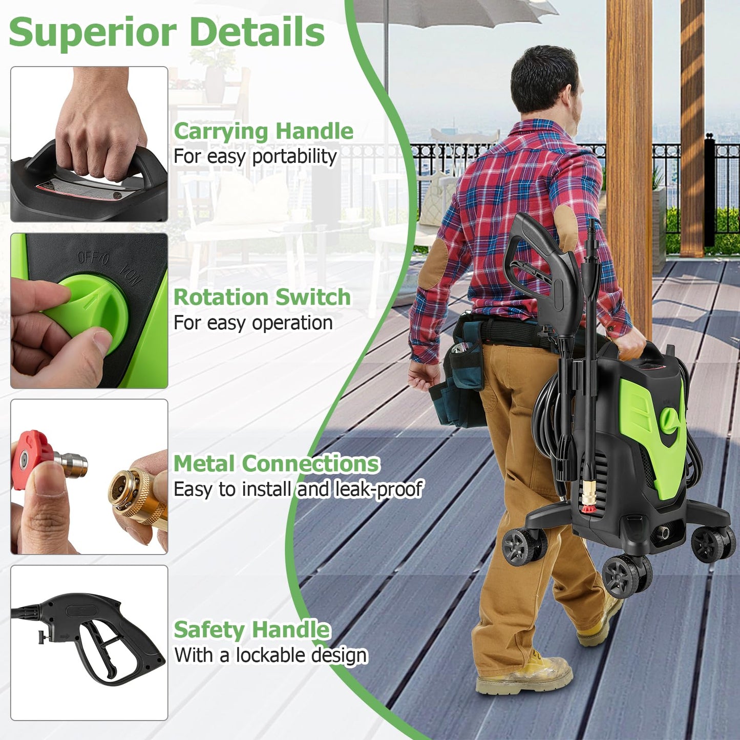 Electric Pressure Washer with 4 Universal Wheels, 2400 PSI High Pressure Cleaner Machine with 4 Nozzles and Soap Bottle