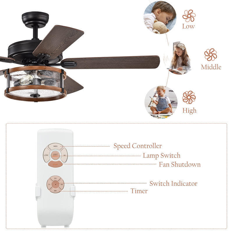 52Inch Ceiling Fan Light with Remote Control, Ceiling Lighting Fan with 5 Blades & Bubble Glass Shade