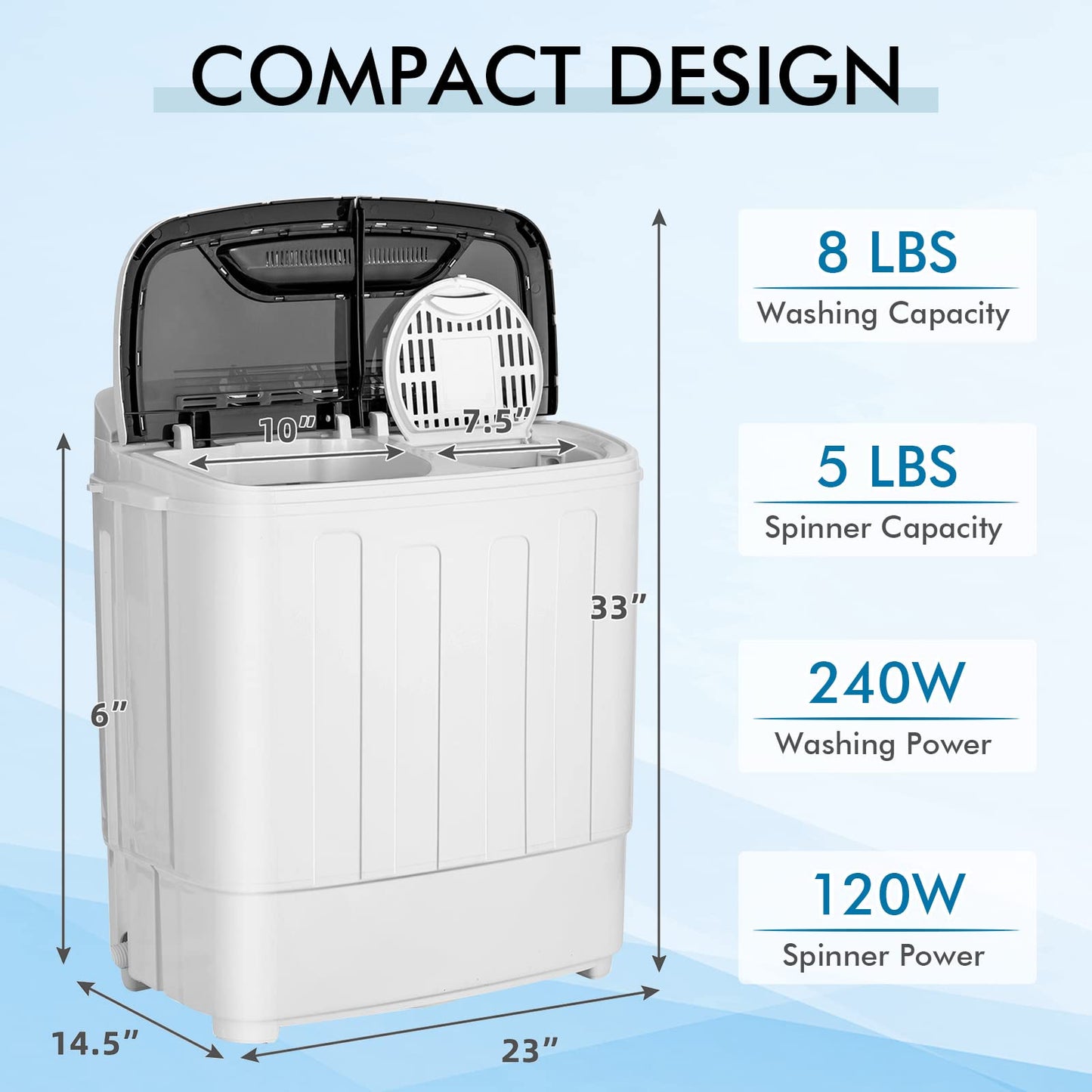 Portable Washing Machine, Twin Tub 13Lbs Capacity Washer 8Lbs and Spinner 5Lbs with Control Knobs