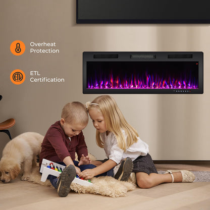50 Inch Electric Fireplace Recessed and Wall Mounted, 750W/1500W Electric Fireplace Heater with Remote