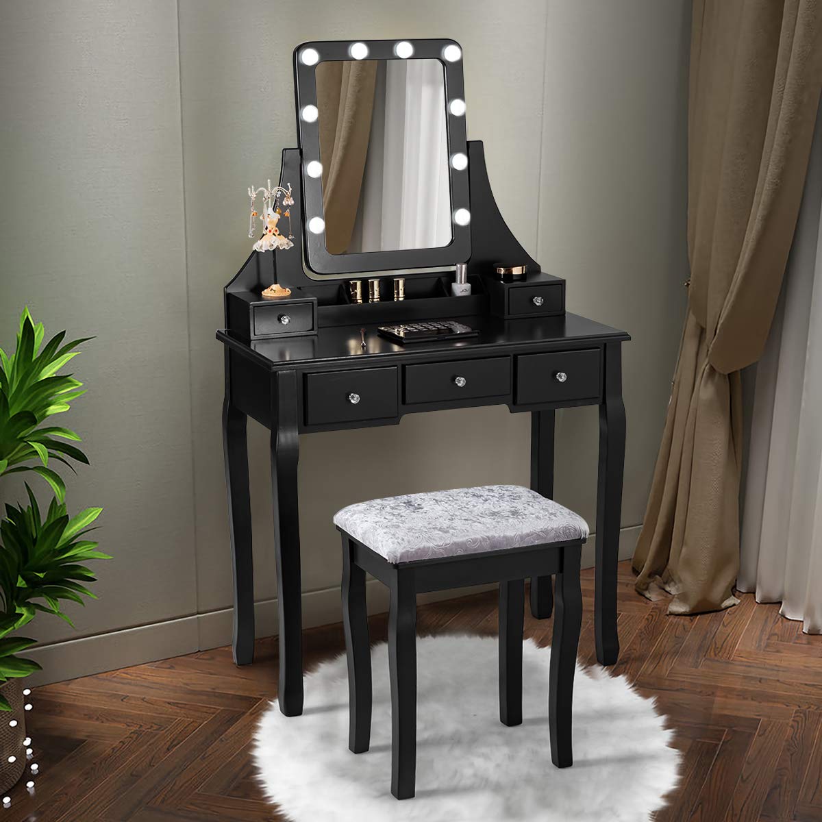 Vanity Table Set with LED Lights 360° Swivel Mirror